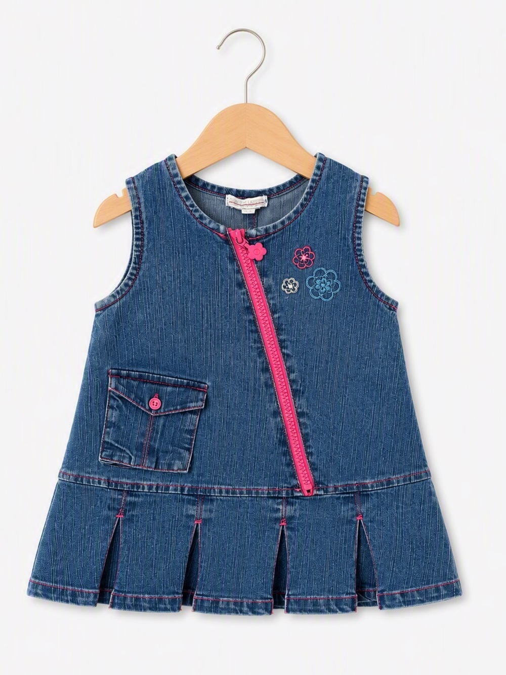 ⭒ 18M VTG Y2K Geneviève Lapierre Denim Dress Floral Embroidery Pocket Pleated ⭒
